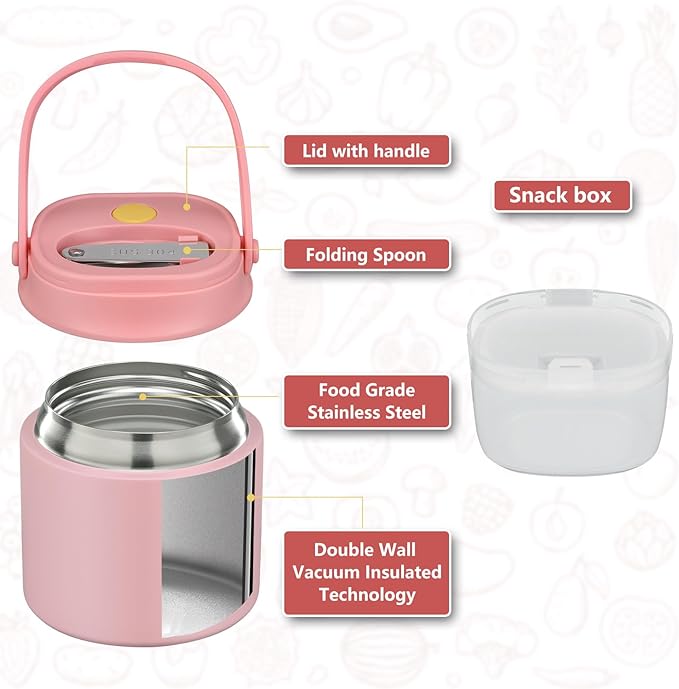 2 - in - 1 Soup Thermo for Hot Food 14oz with Snack Box Container Leak Proof Insulated Lunch Container Kids and Adults Stainless Steel Double Wall Vacuum Wide-mouth Thermal with Spoon and Handle-CubbioJoy