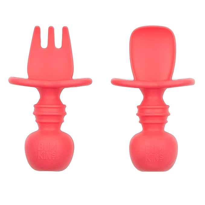 Bumkins Baby Utensils Set, Chewtensils Silicone Spoons for Dipping, Self-Feeding, Baby Led Weaning, Trainer Learning, First Stage Eating, Soft Practice Fork and Spoon, Babies 6 Months, Red-CubbioJoy