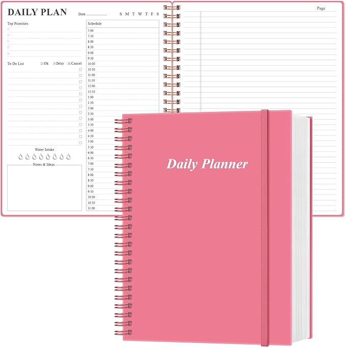 Daily Planner Undated - A4 To Do List Notebook Hourly Schedules, Spiral Appointment Planner for Women and Men,PVC Hardcover, Inner Pocket, Elastic Closure, 8.5" x 11", Pink-CubbioJoy