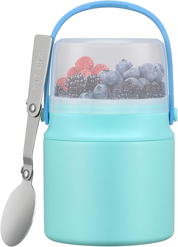 2-in-1 Insulated Food Jar & Snack Container - 15oz Kids Soup Thermos for Hot Food with Handle and Spoon, Leak Proof Reusable Toddler Snack Box, Perfect for School & Travel, Tiffany Blue-CubbioJoy