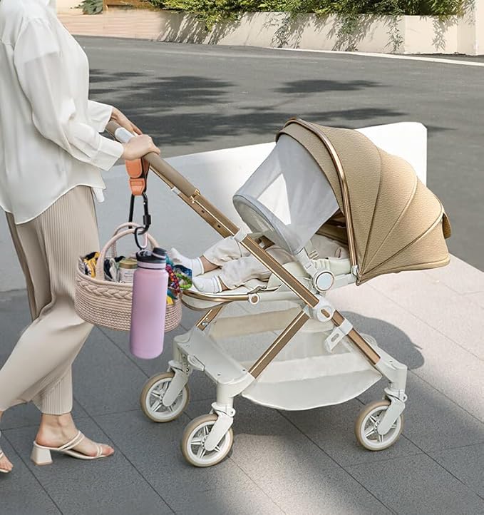 3 Pcs Baby Stroller Hook, Carry 20 lbs per Stroller Carabiner Clip, Adjustable Baby Stroller & Car Seat Hook for Hanging Diaper Bag, Wheelchair, Shopping and Pet Cart(Leather)-CubbioJoy