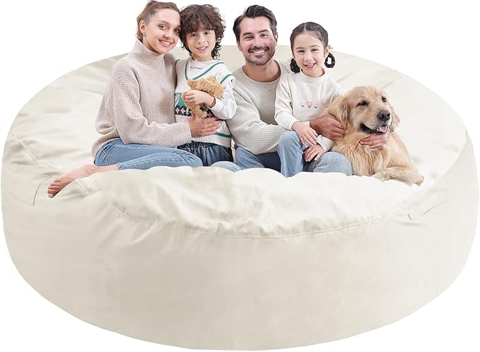 7FT Bean Bag Chair, Large Bean Bag Chairs with Memory Foam Filled, Fluffy Beanbag Sofa with Dutch Velvet Cover, Round BeanBag Chairs for Living Room, Playroom - Beige-CubbioJoy