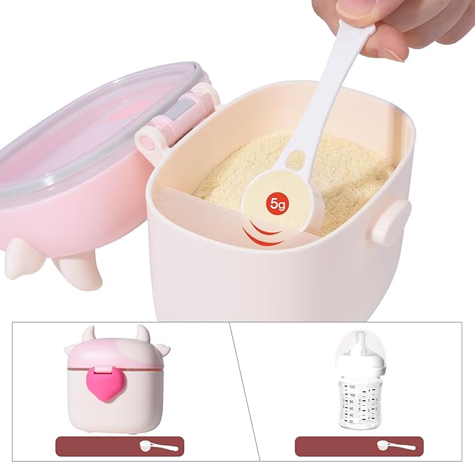 Bebamour Baby Formula Dispenser On The Go, Formula Container to Go, Formula Holder for Travel, Candy Fruit Snack Storage Container with Scoop and Leveller (Light Pink Cow)-CubbioJoy
