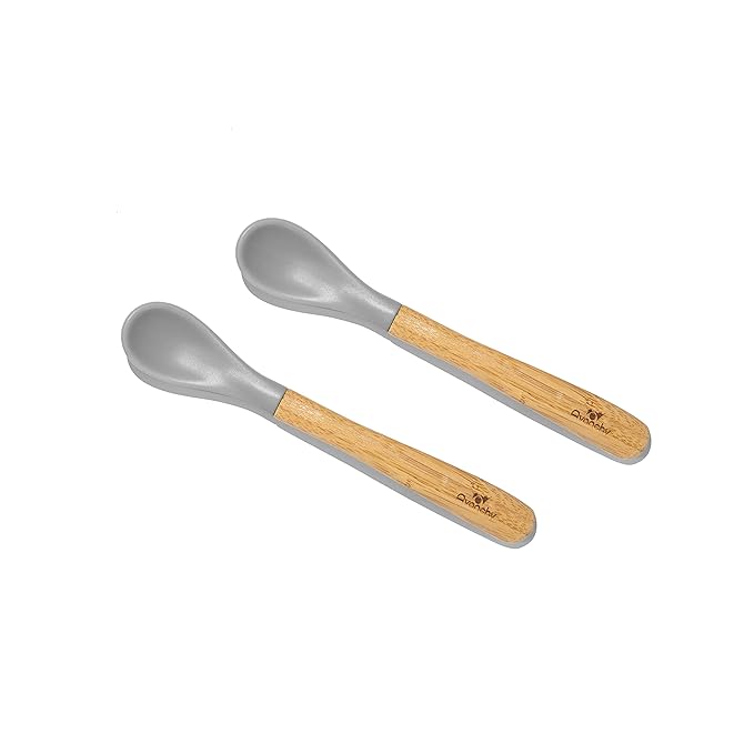 Avanchy Bamboo & Silicone Infant Training Spoons, BPA Free - Soft Tip, Easy on Gums, First Stage Feeding Utensils for Baby-Led Weaning, Self-Feeding, Gray-CubbioJoy