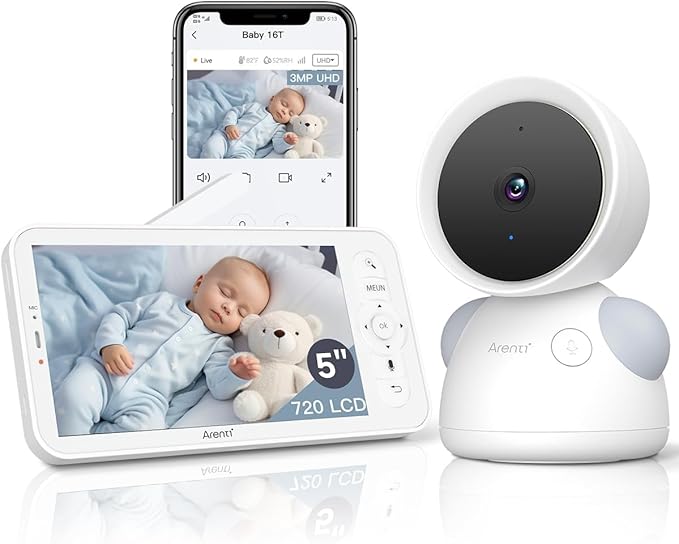 ARENTI Baby Monitor, 2K/3MP WiFi 6 Camera and Audio, 5-inch Wireless Screen, Smartphone App, Super Night Vision, Crying Detection, Auto Tracking, Temp&Humidity Sensor, Cloud&SD Card Storage (D3 Kit)-CubbioJoy