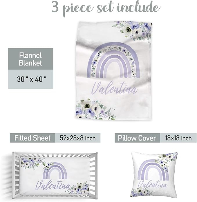 Baby Girl Crib Bedding Sets Personalized with Name – Custom 3-Piece Nursery Set, Rainbow with Floral Flannel Blanket, Crib Fitted Sheet & Pillowcase – Baby Newborn Infant Toddler Shower Gift-CubbioJoy