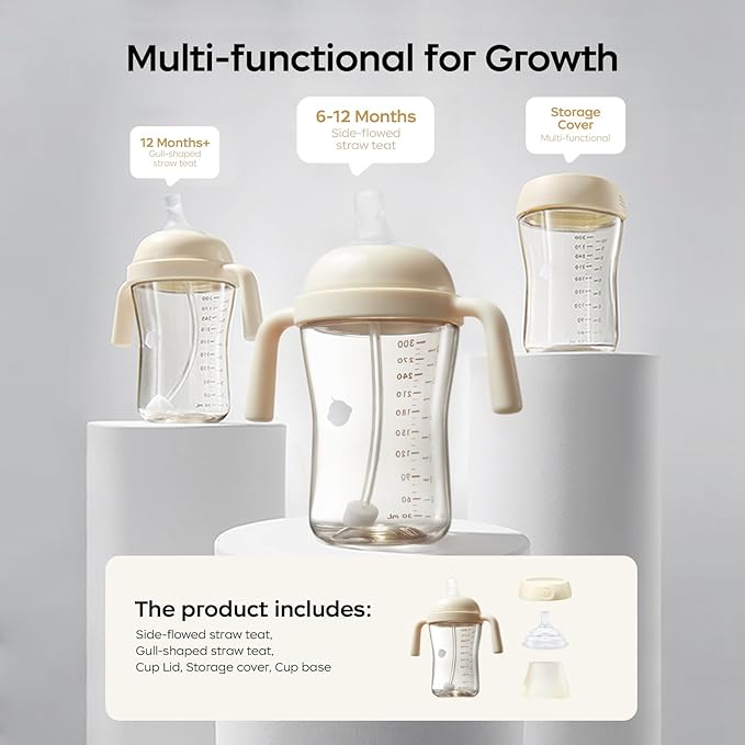 bc babycare Sippy Cup Learner for 6+ Month Old with Nipples & Handles, Spill Proof Sippy Cup, Weighted Straw Toddler Cups, Anti-Choking Baby Cups 1 Pack,Beige-CubbioJoy