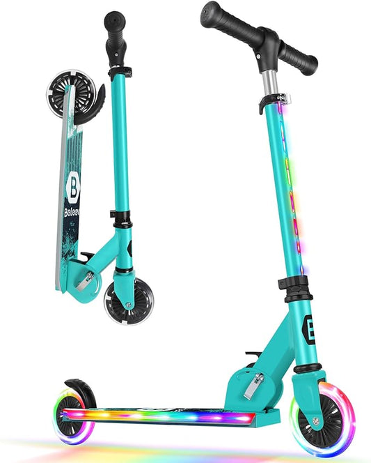 BELEEV V2 Scooters for Kids with Light-Up Wheels & Stem & Deck, 2 Wheel Folding Scooter for Girls Boys, 3 Adjustable Height, Non-Slip Pattern Deck, Lightweight Kick Scooter for Children Ages 3-12-CubbioJoy