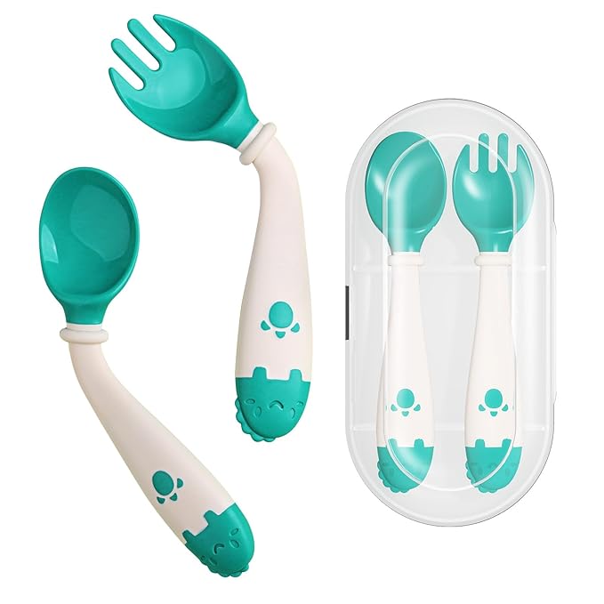 Deejoy Toddler Utensils, Self-feeding Flatware Set withTravel Case, Baby Spoons and Forks with Silicone Bendable Handle, Easy Grip Heat-Resistant, Ideal for Kids, Stage 2 (Green)-CubbioJoy