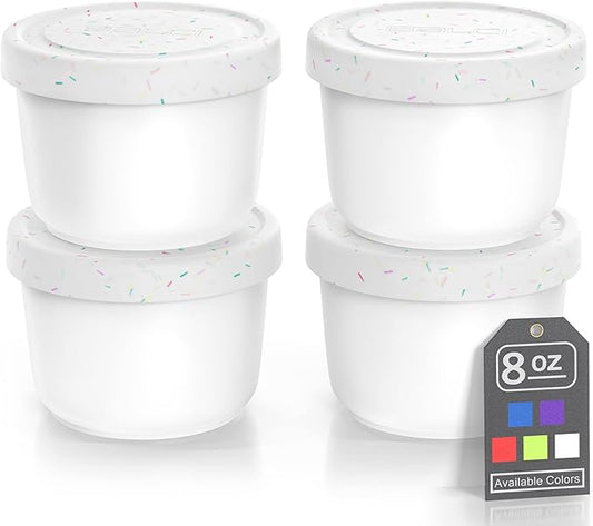 BALCI - 8oz Mini Ice Cream Containers with Silicone Lids (Set of 4) - Freezer Food Storage Containers, Reusable, LeakProof, For Homemade IceCream Containers - White with Sprinkles-CubbioJoy