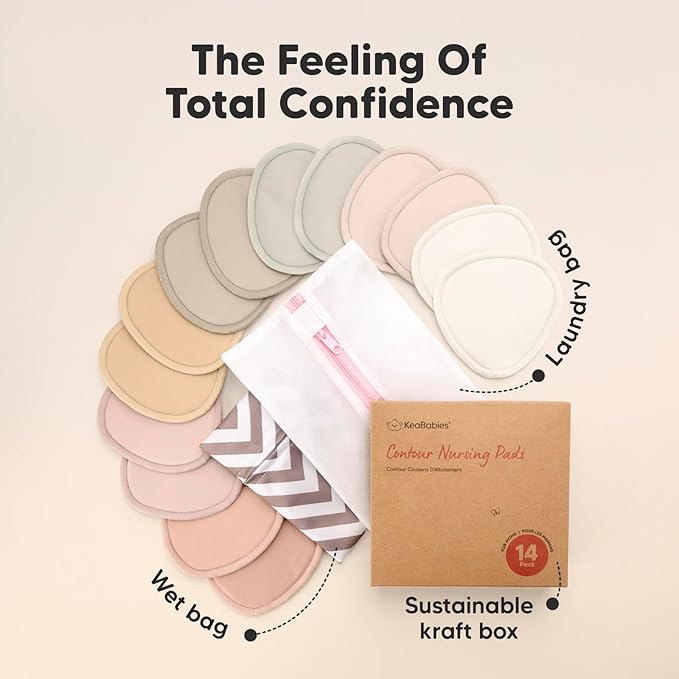 14-Pack Organic Nursing Pads - Washable Breast Pads for Breastfeeding, Nursing Bra Nipple Pads for Breastfeeding, Pumping Bra Reusable Breast Pads, Maternity Breastfeeding Bra Pads (Neutrals, L 4.8")-CubbioJoy