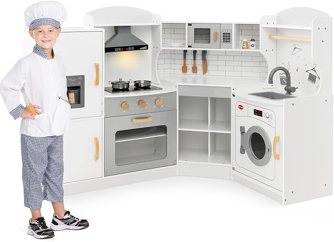 Costzon Corner Kids Kitchen Playset, Wooden Play Kitchen with Sounds & Lights, Washing Machine, Range Hood, Ice Maker, Microwave, Oven, Sink, Pretend Toy Kitchen Set for Toddler, Gift for Boys Girls-CubbioJoy