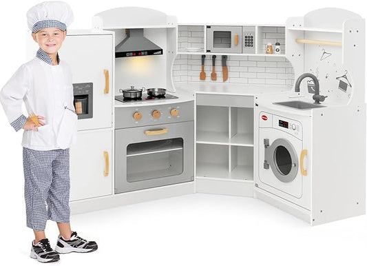 Costzon Corner Kids Kitchen Playset, Wooden Play Kitchen with Sounds & Lights, Washing Machine, Range Hood, Ice Maker, Microwave, Oven, Sink, Pretend Toy Kitchen Set for Toddler, Gift for Boys Girls-CubbioJoy