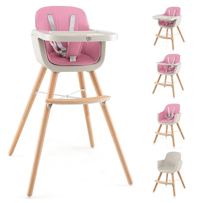 BABY JOY Convertible Baby High Chair, 3 in 1 Wooden Highchair/Booster/Chair with Removable Tray, Adjustable Legs, 5-Point Harness, PU Cushion and Footrest for Baby, Infants, Toddlers (Pink)-CubbioJoy