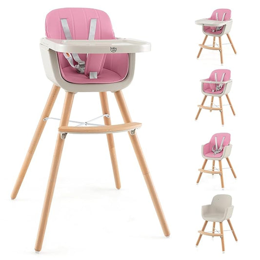 BABY JOY Convertible Baby High Chair, 3 in 1 Wooden Highchair/Booster/Chair with Removable Tray, Adjustable Legs, 5-Point Harness, PU Cushion and Footrest for Baby, Infants, Toddlers (Pink)-CubbioJoy
