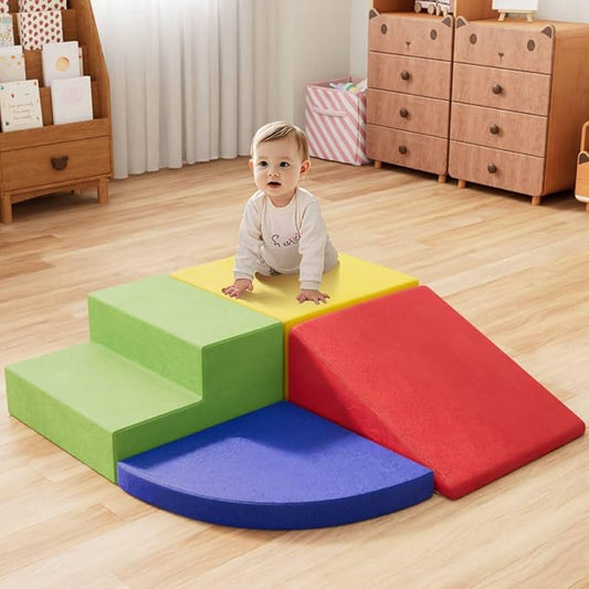 4 Piece Foam Climbing Blocks for Toddlers, Baby Climbing Gym with Ultra High Density Foam for Crawling and Sliding, Indoor Soft Play Set for Infant, Babies & Kids - Multicolor (Multicolor B, 4-Piece)-CubbioJoy