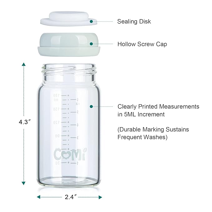 COMI Wide Neck Glass Breastmilk Collection n Storage Bottle, 6oz with Screw Ring Sealing Disk; Re-markable Sealing Disc. BPA Free, Fits Breast Pumps & Nipples (Gray Lids)-CubbioJoy