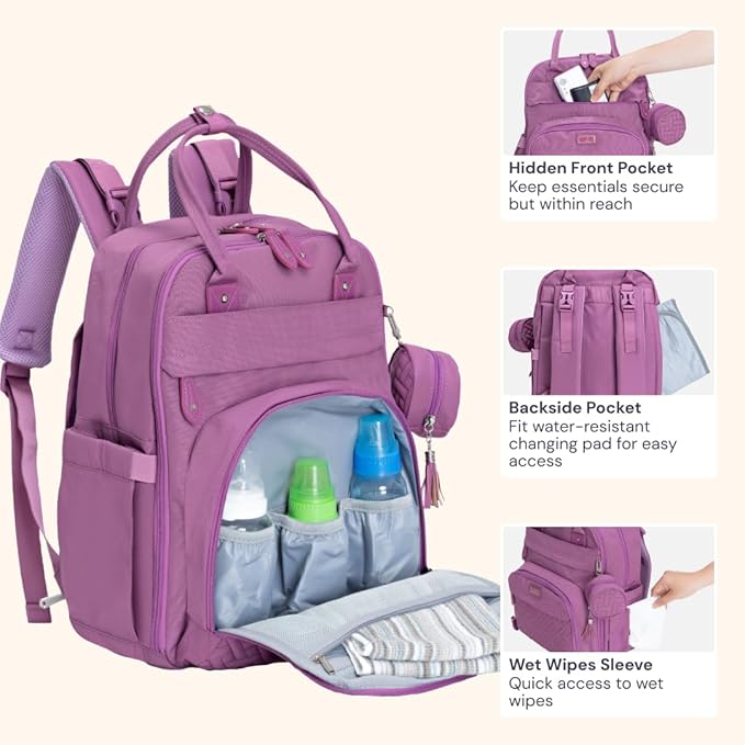 BabbleRoo Diaper Bag Backpack - Baby Essentials Travel Tote - Multi Function Waterproof Diaper Bag, Travel Essentials Baby Bag with Changing Pad, Stroller Straps & Pacifier Case - Unisex, Purple-CubbioJoy