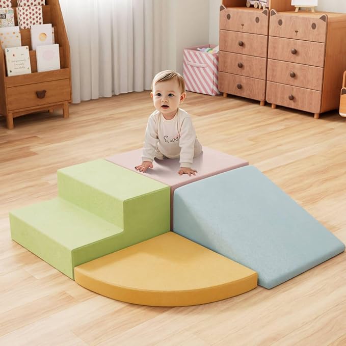 4 Piece Foam Climbing Blocks for Toddlers, Baby Climbing Gym with Ultra High Density Foam for Crawling and Sliding, Indoor Soft Play Set for Infant, Babies & Kids - Multicolor (Multicolor A, 4-Piece)-CubbioJoy
