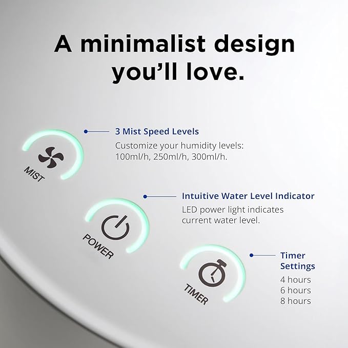 Carepod 31S Stainless Steel Humidifier for Large Room, Quiet & Safe for Baby, Only 3 Washable Parts & Easy to Clean, Ultrasonic Cool Mist Humidifiers for Bedroom, Filter-Free, Lasts 30Hrs (1Gal/4L)-CubbioJoy