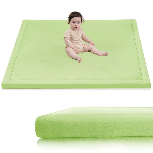 Baby Play Mat for Floor,1.3"Thick Elasti-Foam 50x50 Playpen Mat for Toddlers Infant kids,Water-Repellent Soft Velvet for Tummy Time,Non-Slip Backing for Crawling,Tatami Style(Light Green)-CubbioJoy
