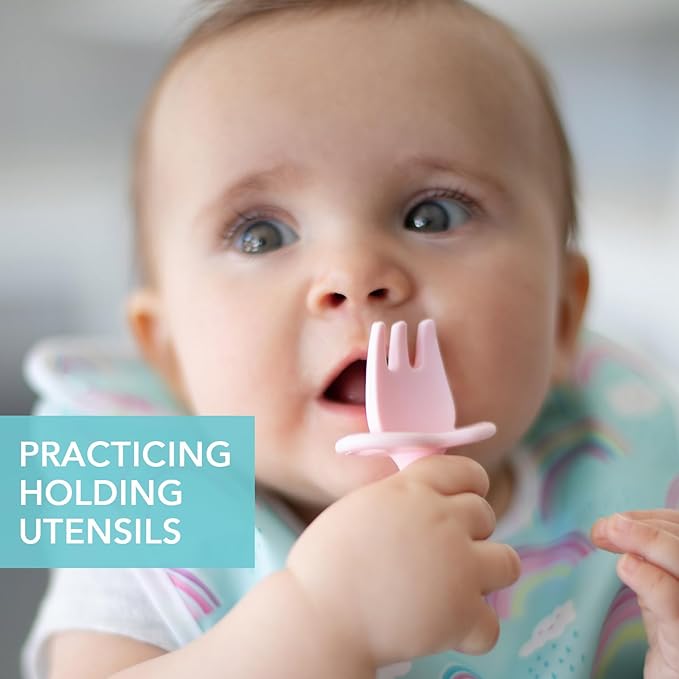 Bumkins Baby Utensils Set, Chewtensils Silicone Spoons for Dipping, Self-Feeding, Baby Led Weaning, Trainer Learning, First Stage Eating, Soft Practice Fork and Spoon, Babies 6 Months, Pink-CubbioJoy