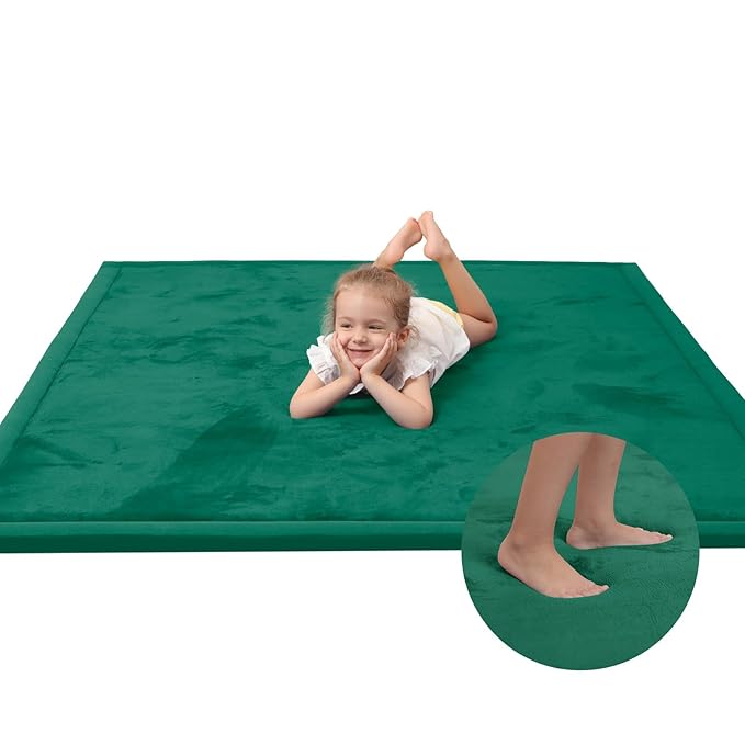 Baby Play Mat for Floor,1.3" Thick Elasti-Foam 74×50 Playpen Mat for Toddlers Infant kids,Water-Repellent Soft Coral Velvet for Tummy Time, Non-Slip Backing for Crawling,Tatami Style(Dark Green)-CubbioJoy