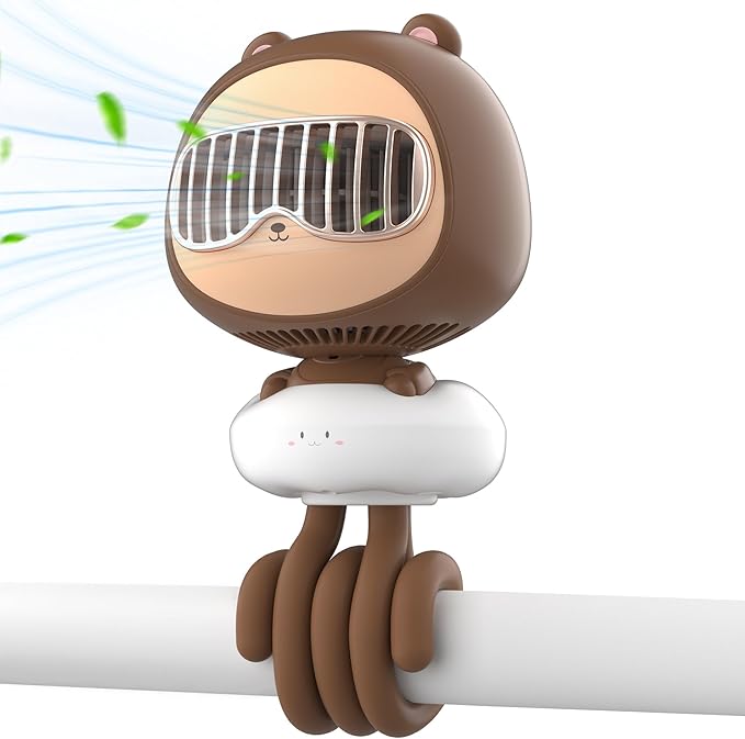 Cute Bear Stroller Fan Clip On for Baby, Portable Bladeless Fans 4 Speeds Oscillating, 4000mAh Rechargeable Battery Powered, Flexible Tripod Strong Cooling for Bedside Crib Car Seat-CubbioJoy