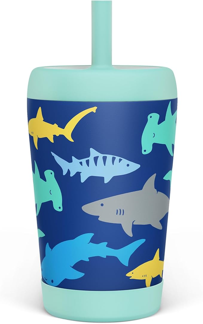 Kid Insulated Stainless Steel Tumbler with Silicone Straw, 12oz Sippy Cup for Kids (Sharks)-CubbioJoy
