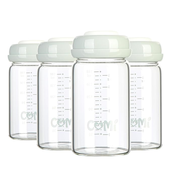 COMI Wide Neck Glass Breastmilk Collection n Storage Bottle, 4 Packs, 6oz with Screw Ring Sealing Disk; Re-markable Sealing Disc. BPA Free, Fits Breast Pumps & Nipples (4 Gray Lids)-CubbioJoy