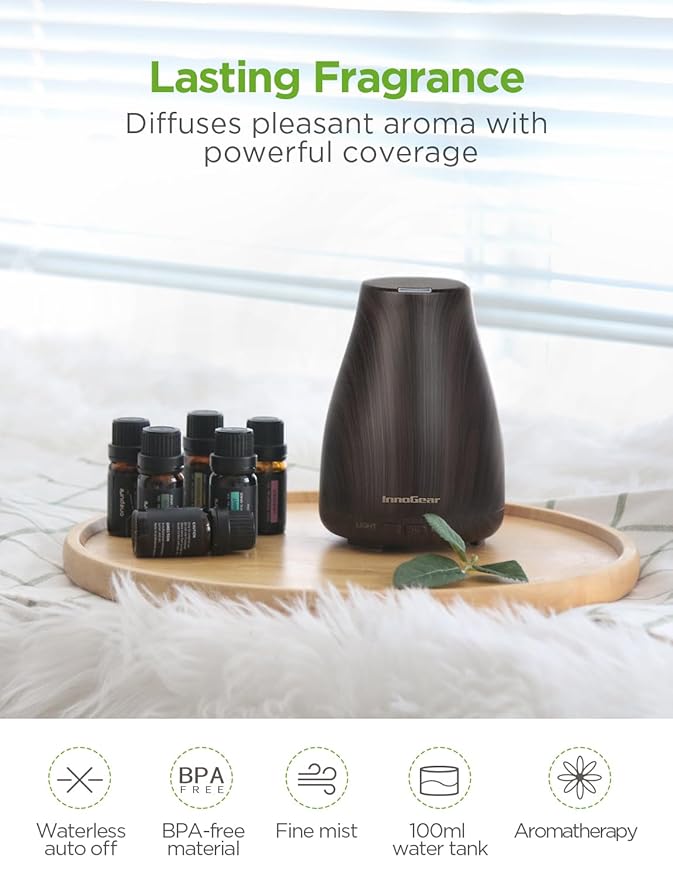 InnoGear Essential Oil Diffuser with Oils, 100ml Aromatherapy Diffuser with 6 Essential Oils Set, Aroma Cool Mist Humidifier Gift Set, Dark Wood Grain-CubbioJoy