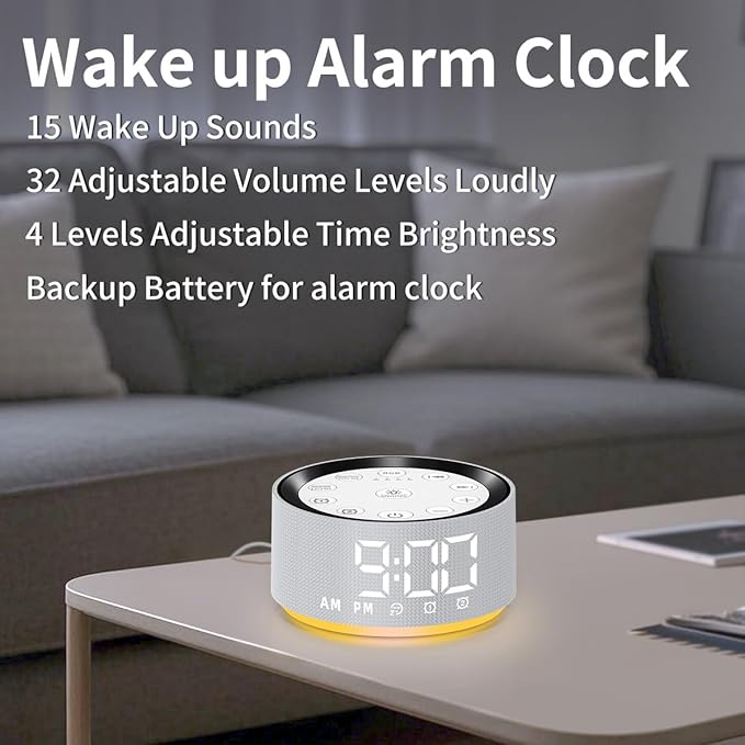Brown Noise Machine Alarm Clock Sound White Noise Machine Night Light with 30 Sleeping Sounds for Baby Kids Adults 2 Alarms Backup Battery 32 Level Volume 15 Wake up Sounds for Mild Heavy Sleeper-CubbioJoy
