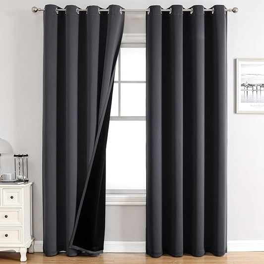 ChrisDowa 100% Blackout Curtains for Bedroom with Black Liner, 2 Thick Layers Total Blackout Thermal Insulated Grommet Window Curtains 72 Inch Length 2 Panels Set (Dark Grey, 52 x 72 Inch)-CubbioJoy