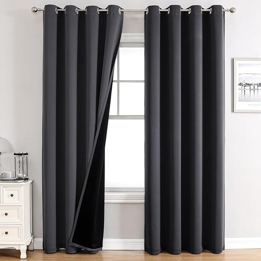 ChrisDowa 100% Blackout Curtains 108 inch Long for Bedroom with Black Liner, 2 Thick Layers Total Blackout Thermal Insulated Grommet Window Curtains 2 Panels Set (Dark Grey, 52 x 108 Inch)-CubbioJoy