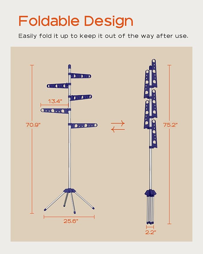 Clothes Drying Rack Foldable, 70.9 inch Tripod Drying Rack for 35 Pieces of Clothes, with Height-Adjustable Rotatable Clothes Rails, Space Saving, Stainless Steel, Blue and Silver CDR005Q01-CubbioJoy