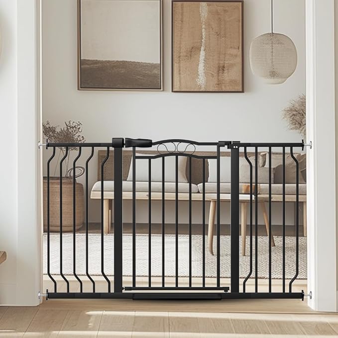 Baby Gate for Stairs 29.53"-53.1" Extra Wide, Pressure Mounted Dog Gate Indoor, Walk Thru Pet Gate for Cat Dog Child,Pet Gates for The House Doorway Black-CubbioJoy