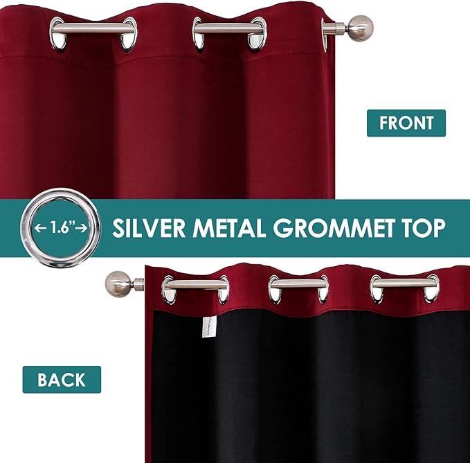 ChrisDowa 100% Blackout Curtains 63 inch Long for Bedroom with Black Liner, Extra Wide 2 Thick Layers Total Blackout Thermal Insulated Grommet Window Curtains 2 Panels Set (Burgundy, 60 x 63 Inch)-CubbioJoy