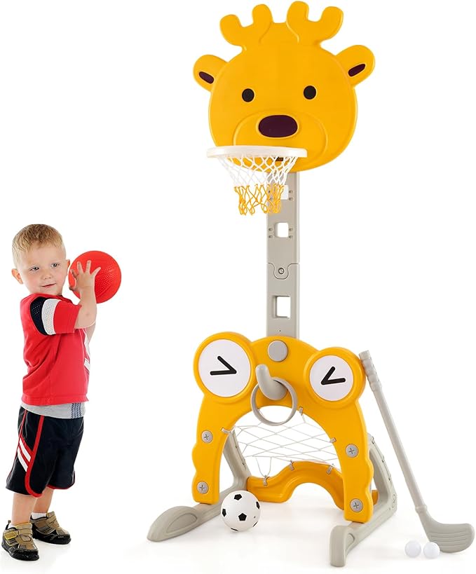 Costzon Toddler Basketball Hoop, 4-in-1 Kids Sports Activity Center with Rim, Soccer Goal, Golf, Ring Toss, Height Adjustable Kids Basketball Hoop with Fillable Base for Indoor Outdoor (Yellow Deer)-CubbioJoy