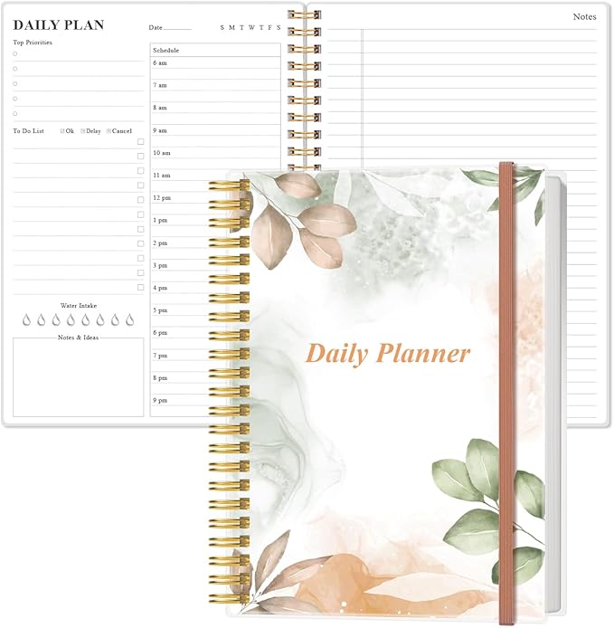 Daily Planner Undated - B5 To Do List Notebook Hourly Schedules, Spiral Appointment Planner for Women and Men, PVC Hardcover, Inner Pocket, Elastic Closure, 7" x 10", Rose Leaf-CubbioJoy