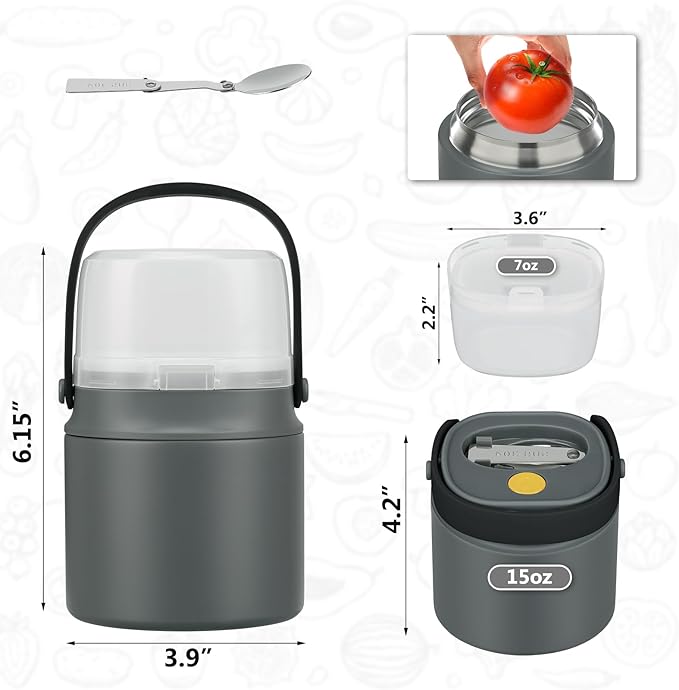 2 - in - 1 Soup Thermo for Hot Food 14oz with Snack Box Container Leak Proof Insulated Lunch Container Kids and Adults Stainless Steel Double Wall Vacuum Wide-mouth Thermal with Spoon and Handle-CubbioJoy