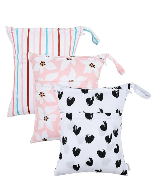 ALVABABY 3 Cloth Diaper Wet Dry Bags Waterproof Reusable with Two Zippered Pockets Travel Beach Pool Daycare Soiled Baby Items Yoga Gym Bag for Swimsuits or Wet Clothes Small Medium Large 3L-ZM26-CubbioJoy