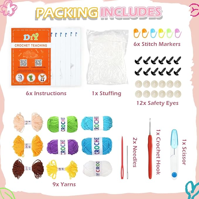 6 PCS Crochet Animal Kit –2026 DIY Amigurumi Crochet Kit for Beginners, Knitting Crochet Kit For Kids Adults , Knitting Kit with detailed videos tutorials, Yarn, Hook, Best Gift For Crochet Lovers-CubbioJoy