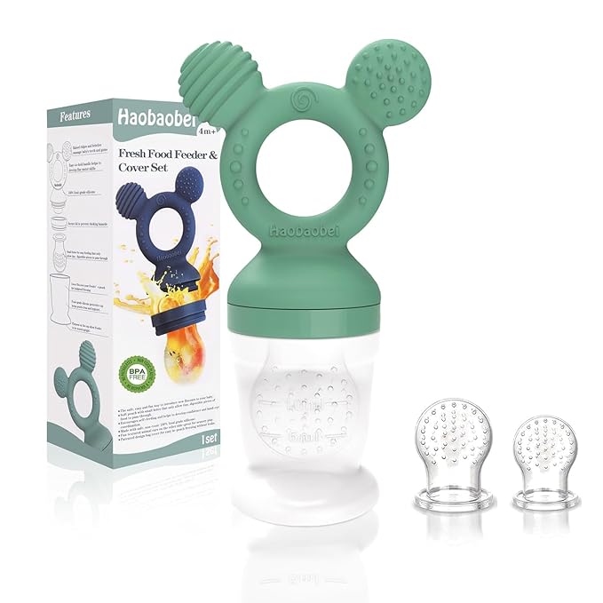 Baby Fruit Feeder, Frozen Teething Toys, Teether Pacifier with 3 Extra Teats, Infant Eating Essentials, BPA Free Baby Feeding Supplies (Grass Green)-CubbioJoy