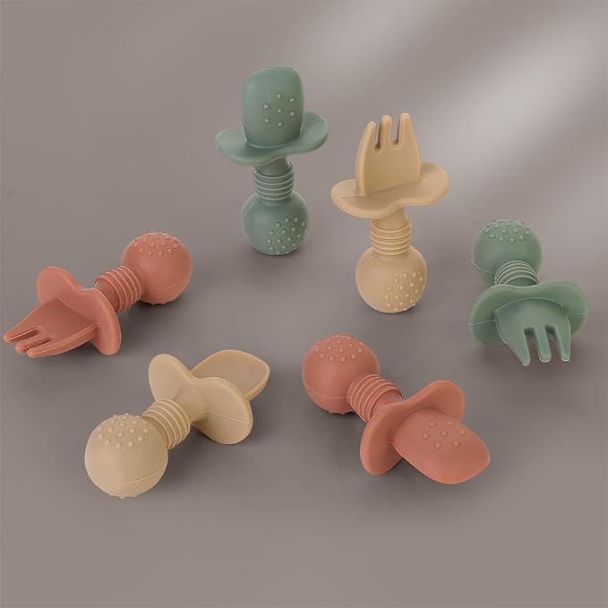 6 Pack Baby Spoons and Forks Set, Silicone First Stage Self Feeding Infant Toddler Utensils, BPA Free, Baby Led Weaning Feeding Supplies for Baby Essentials-CubbioJoy