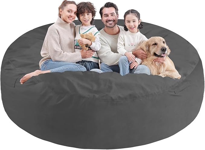 7FT Bean Bag Chair, Large Bean Bag Chairs with Memory Foam Filled, Fluffy Beanbag Sofa with Dutch Velvet Cover, Round BeanBag Chairs for Living Room, Playroom - Grey-CubbioJoy