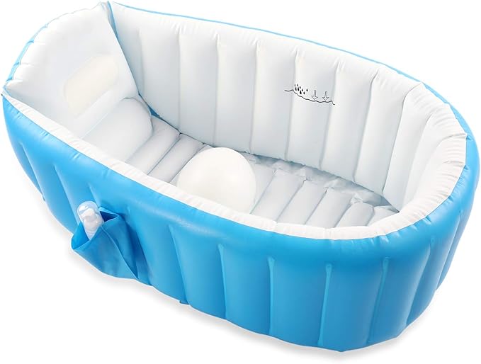 Baby Inflatable Bathtub, Portable Infant Toddler Bathing Tub Non Slip Travel Bathtub Mini Air Swimming Pool Kids Thick Foldable Shower Basin with Air Pump, Blue-CubbioJoy