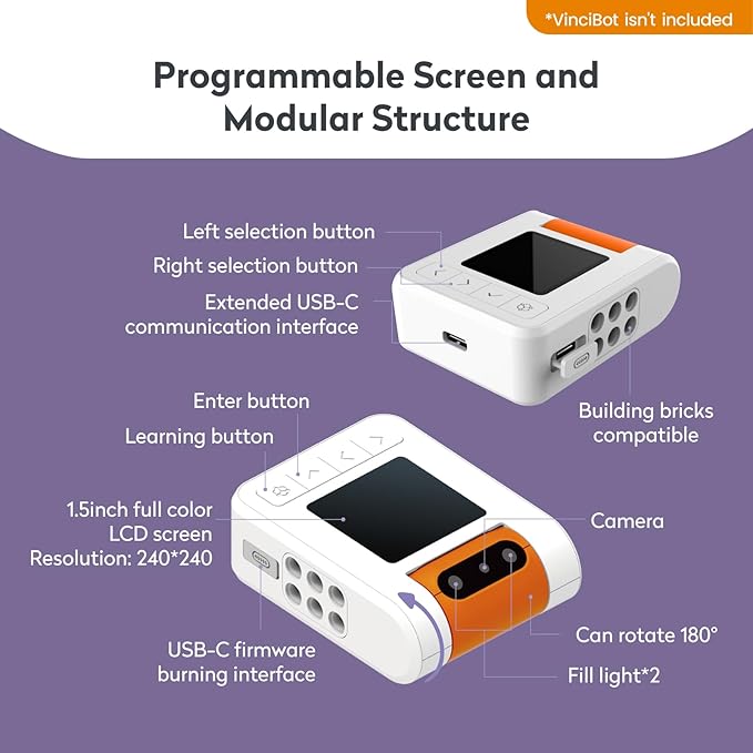 AI Vision Kit for VinciBot with a 180° Flip Camera, Programmable Screen and Modular Structure Can Add 7 Visual Functions, for Beginners and Advanced Learners of AI from 8-12-CubbioJoy