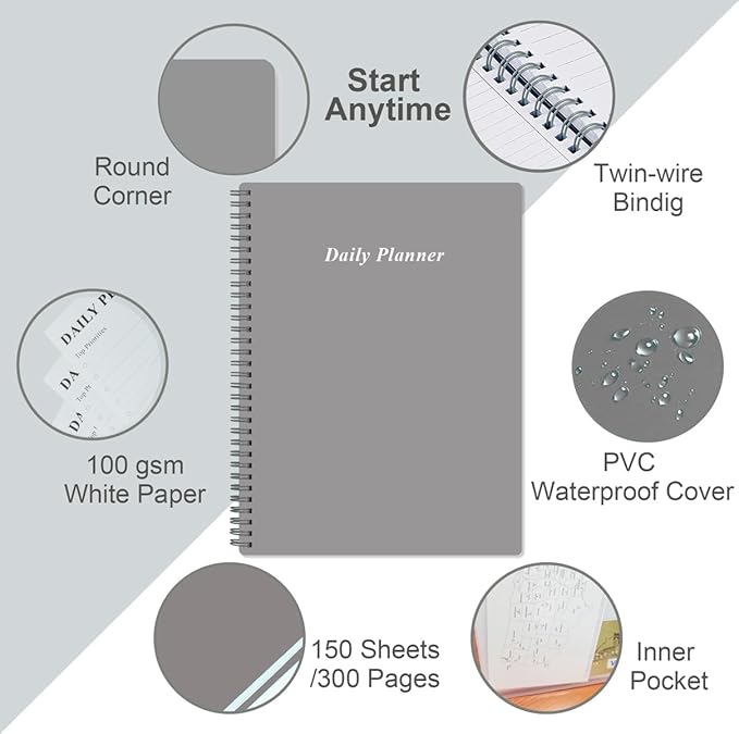 Daily Planner Undated - A4 To Do List Notebook Hourly Schedules, Spiral Appointment Planner for Women and Men,PVC Hardcover, Inner Pocket, Elastic Closure, 8.5" x 11", Grey-CubbioJoy