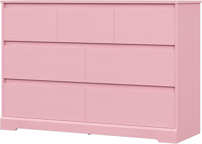 Dresser for Bedroom, Modern Pink Dresser, Wood Chest of Drawers Nursery Dressers, with Storage, 7 Drawer Double with Handle Free, Large Storage Organizer for Living Room,Pink-CubbioJoy
