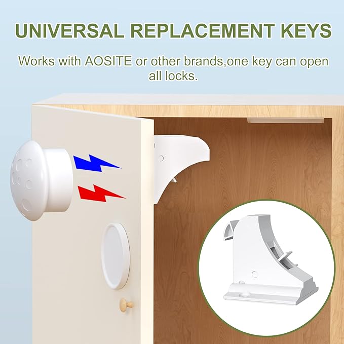 AOSITE Child Safety Magnetic Cabinet Locks Keys, 2 Pack Universal Replacement Keys Child Proof Extra Stronger Magnet Baby Locks for Cabinets and Drawers with Adhesive, 2 Key Holders Included-CubbioJoy